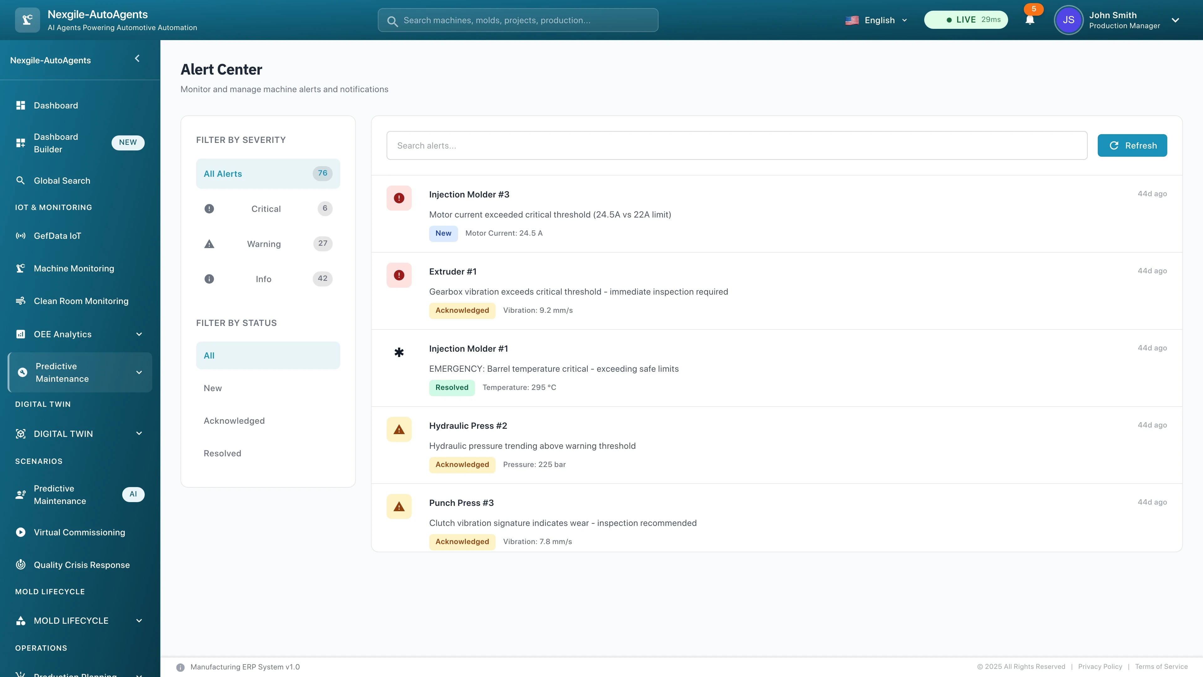 Alert Center dashboard showing real-time machine alerts with severity filtering (Critical, Warning, Info), live sensor readings, alert acknowledgment workflow, and automated notification management for equipment monitoring